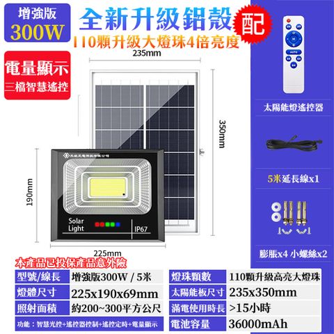 禾統 鋁殼300W增亮升級款 LED智能光控太陽能感應燈 遙控定時 太陽能分體式壁燈 路燈 戶外照明