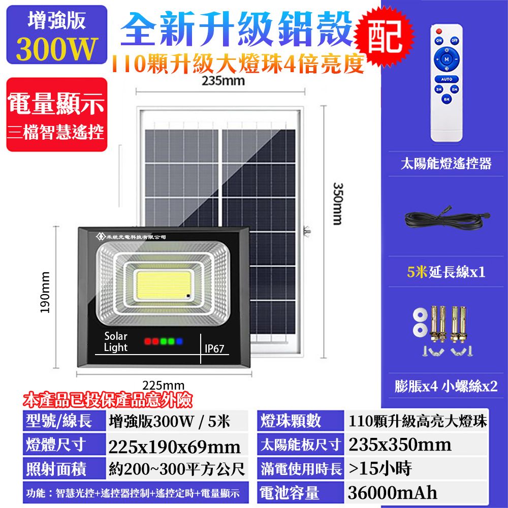 禾統 鋁殼300W增亮升級款 LED智能光控太陽能感應燈 遙控定時 太陽能分體式壁燈 路燈 戶外照明