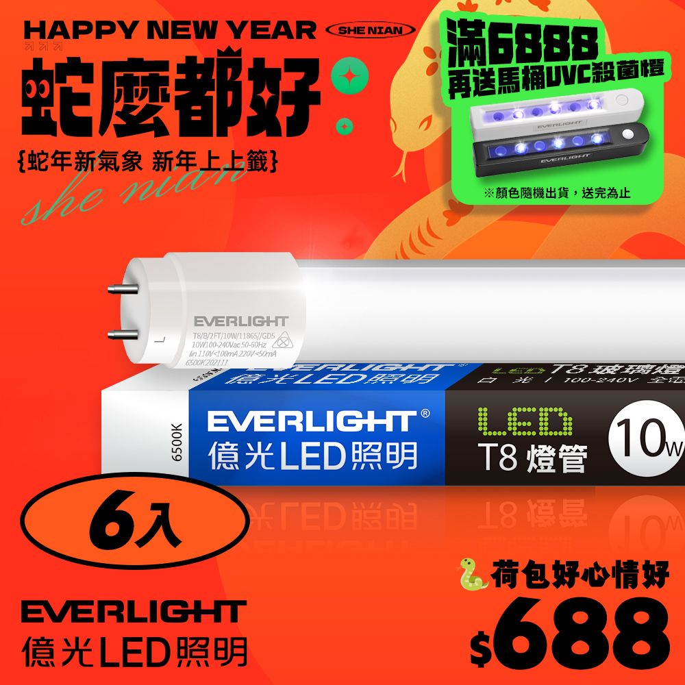 EVERLIGHT 億光 符合最新安規6入組2尺T8燈管LED 10W(白光/黃光/自然光)