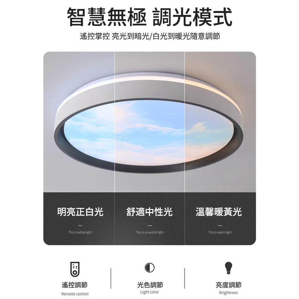 智慧無極 調光模式遙控掌控 亮光到暗光/白光到暖光隨意調節明亮正白光舒適中性光 溫馨暖黃光This is white This is a neutral light遙控調節光色調節Remote controlLight colorThis is  light亮度調節Brightness