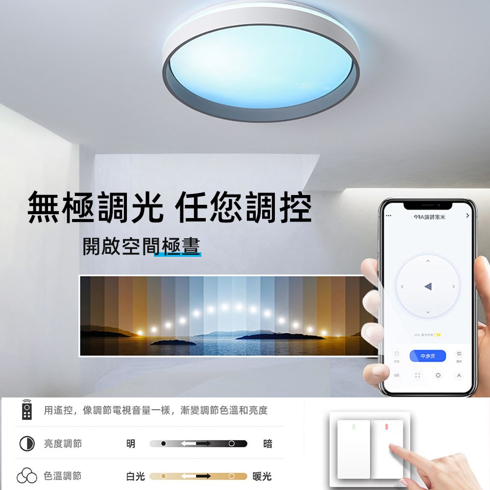 無極調光 任您調控開啟空間極書用遙控,像調節電視音量一樣,漸變調節色溫和亮度亮度調節暗色溫調節白光暖光 中央A