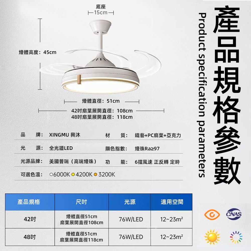 燈體高度:45cm底座燈體直徑:51cm42扇葉展開直徑:108cm48扇葉展開直徑:118cmProduct specification parameters品牌: XINGMU 興材質: 鐵藝+PC扇葉+亞克力光 源: 全光譜 LED顯色指數: 燈珠Ra≥97光源品牌: 美國普瑞(高端燈珠)功 能: 6擋風速 正反轉 定時可選色溫:6000KO4200K3200K產品規格尺光源適用空間CNAS燈體直徑51cm4276W/LED12~23m²扇葉展開直徑108cm燈體直徑51cm48吋76W/LED12~23m²扇葉展開直徑118cm