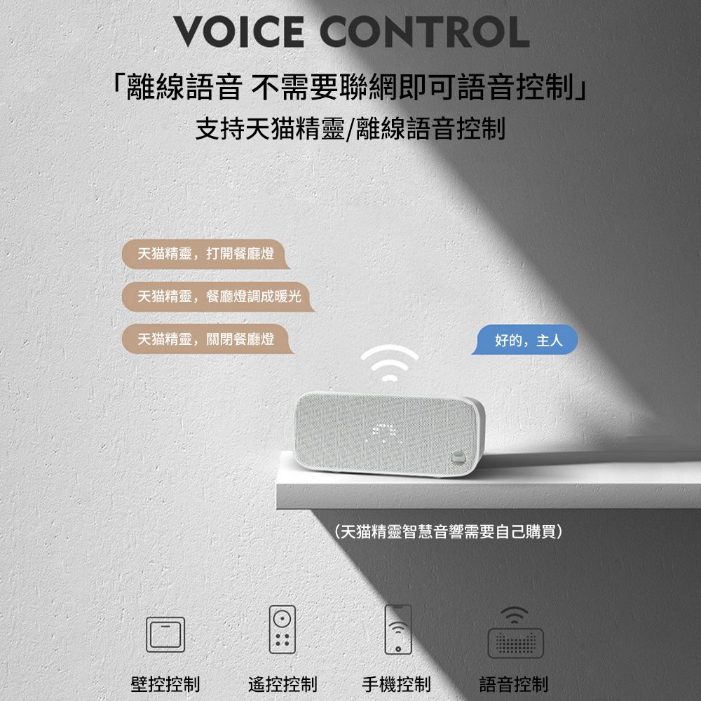 VOICE CONTROL「離線語音 不需要聯網即可語音控制支持天猫精靈/離線語音控制天猫精靈,打開餐廳燈天猫精靈,餐廳燈調成暖光天猫精靈,關閉餐廳燈好的,主人(天猫精靈智慧音響需要自己購買)壁控控制遙控控制 手機控制語音控制