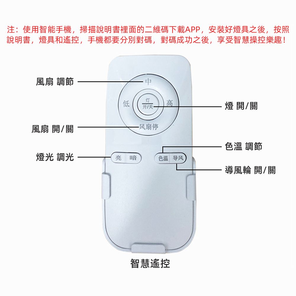 注:使用智能手機,掃描說明書裡面的二維碼下載APP,安裝好燈具之後,按照說明書,燈具和遙控,手機都要分別對碼,對碼成功之後,享受智慧操控樂趣!風扇 調節低开/关-燈開/關風扇 開/關-风扇停色溫 調節燈光 調光 暗色温导风導風輪 開/關智慧遙控