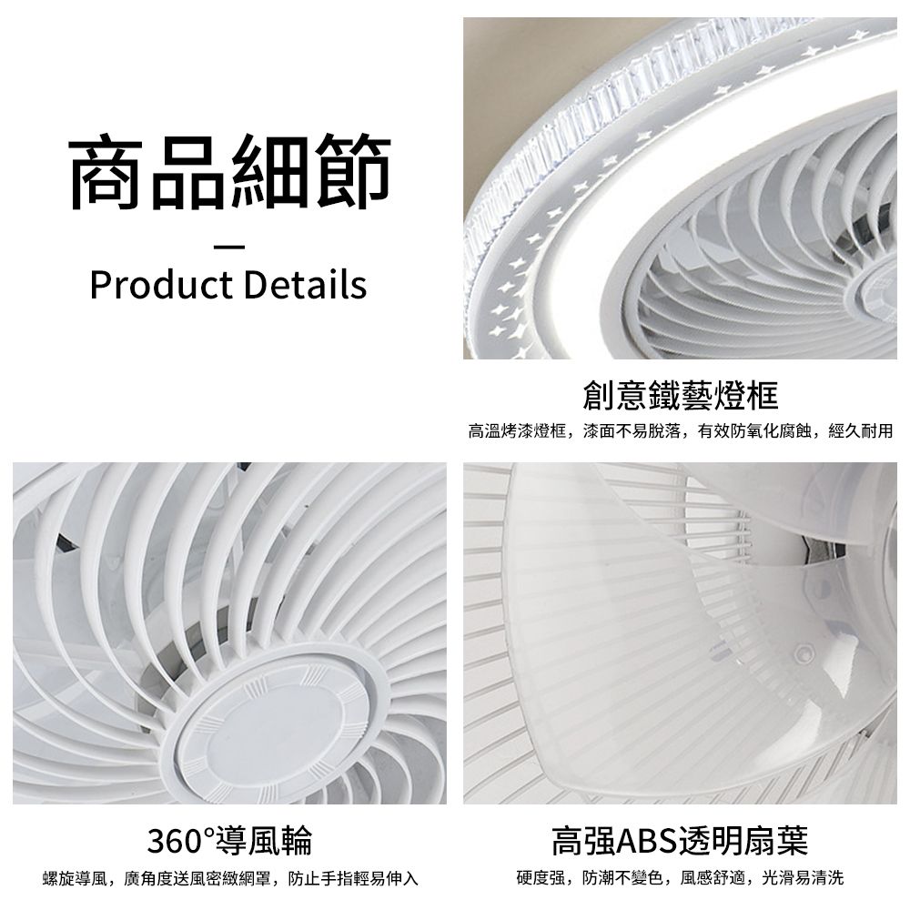 商品細節Prodct Details360°導風輪螺旋導風,廣角度送風密緻網罩,防止手指輕易伸入創意鐵藝燈框高溫烤漆燈框,漆面不易脱落,有效防氧化腐蚀,經久耐用u高强ABS透明扇葉硬度强,防潮不變色,風感舒適,光滑易清洗