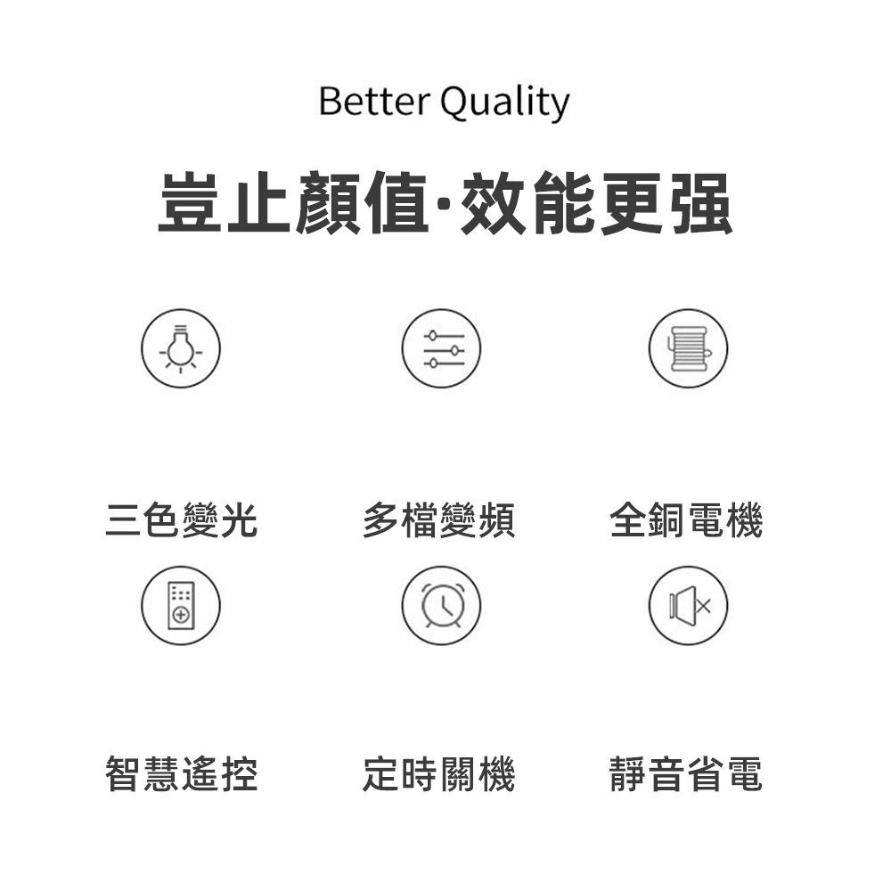 Better Quality豈止顏值·效能更强三色變光多檔變頻全銅電機智慧遙控定時關機靜音省電