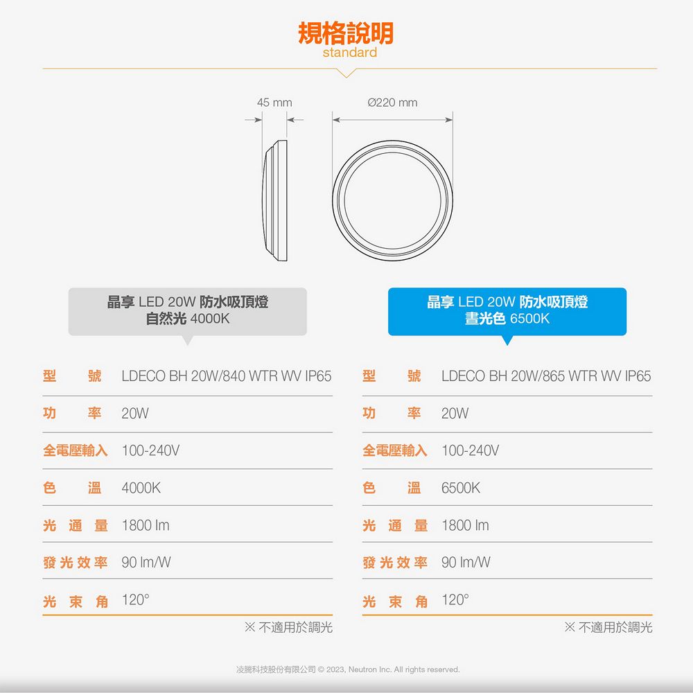 規格說明standard 45 mm LED 20 防水吸頂燈自然光 4000K晶享 LED 20 防水吸頂燈晝光色 6500K 號LDECO BH 20W840 WTR  IP65型 號LDECO BH 20W865 WTR WV IP65功 率 20W功 率 20W全電壓輸入 100-240V全電壓輸入 100-240V色 溫 4000K光通量1800 發光效率 /W光束角120°色 溫 6500K光通量1800 發光效率  /W光束角 120°不適用於調光不適用於調光凌科技股份有限公司 © 2023 Neutron Inc. All rights reserved.