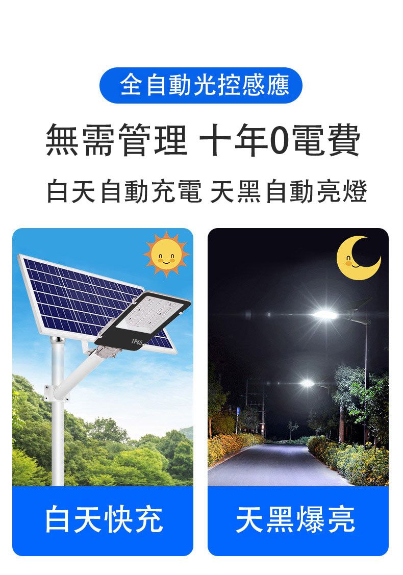 全自動光控感應無需管理十年電費白天自動充電 天黑自動亮燈白天快充天黑爆亮