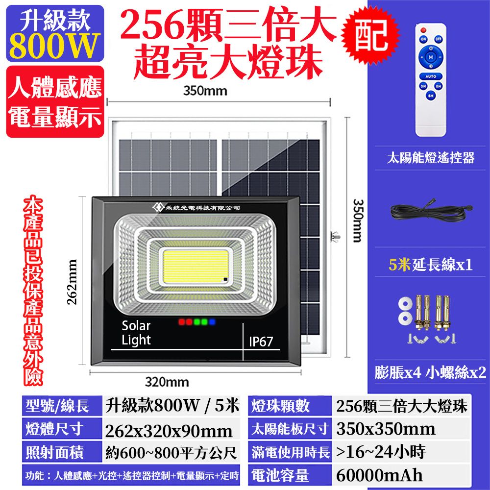  【禾統】800W LED智能太陽能人體感應燈 遙控定時 太陽能分體式壁燈 太陽能燈