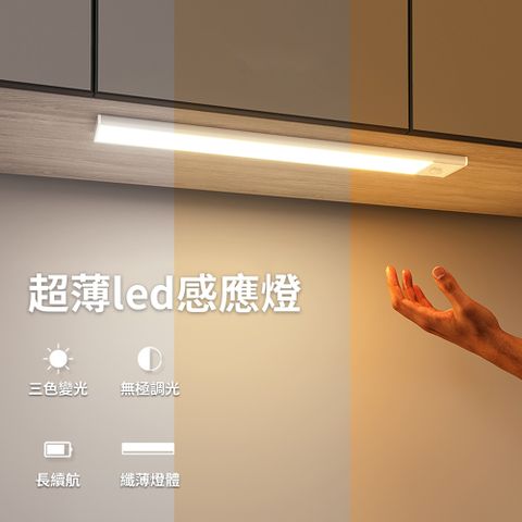 JDTECH 磁吸式超薄智能人體感應燈 40cm LED小夜燈 家用臥室/衣櫥櫃/樓梯過道走廊燈 （三段色溫 USB充電）