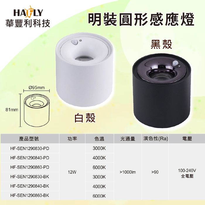  HAFLY 明裝圓形感應燈12W/1000lm 100-240V全電壓