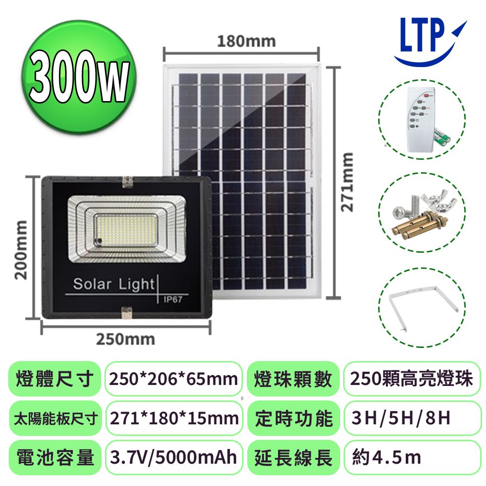 200mmSolar LightIP67180mm271mm250mm燈體尺寸 250*206*65mm 燈珠數 250顆高亮燈珠271*180*15mm /5H/8H電池容量 3.7V/5000mAh 延長線長約4.5mLTP