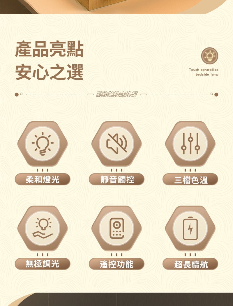 產品亮點安心之選简约触控床头Touch controlledbedside lamp柔和燈光靜音觸控三檔色溫無極調光遙控功能超長續航