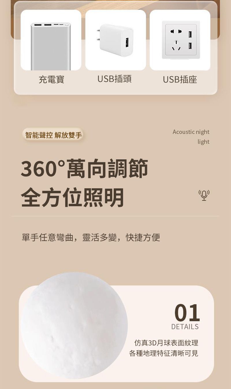 充電寶USB插頭USB插座智能聲控 解放雙手360°萬向調節全方位照明Acoustic night單手任意彎曲,靈活多變,快捷方便light01DETAILS仿真3D月球表面紋理各種地理特征清晰可見
