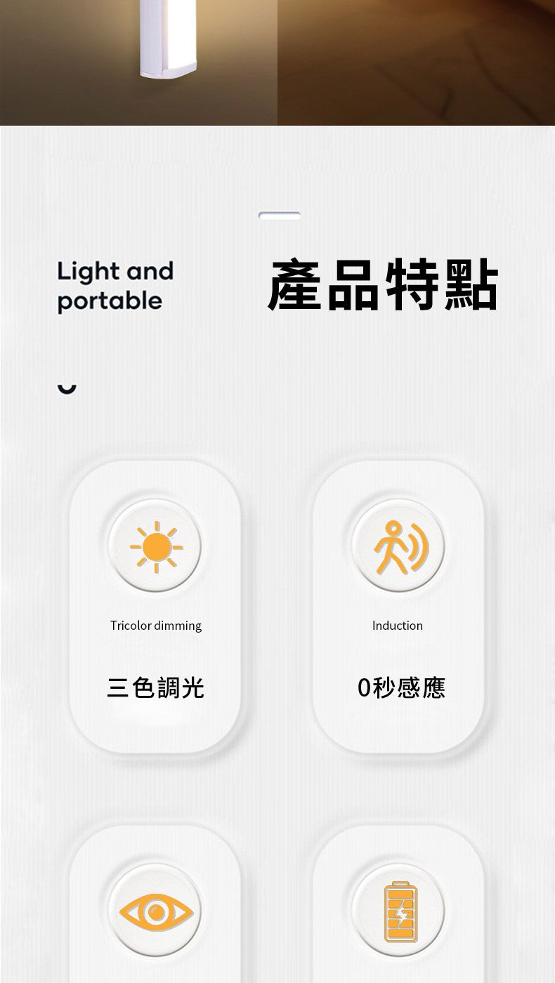 Light andportableTricolor dimming三色調光產品特點Induction0秒感應