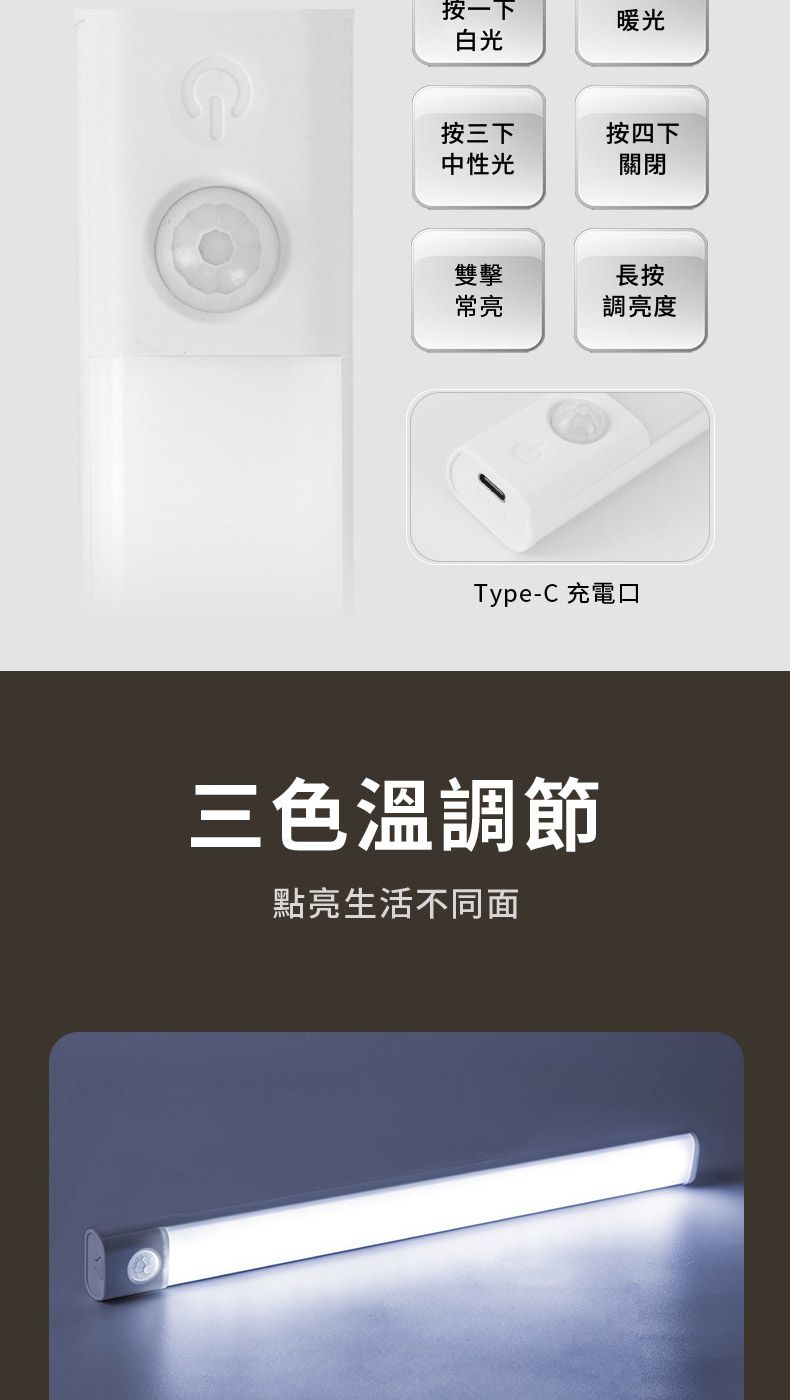 按一下白光暖光按三下按四下中性光關閉雙擊長按常亮調亮度Type-C 充電口三色溫調節點亮生活不同面