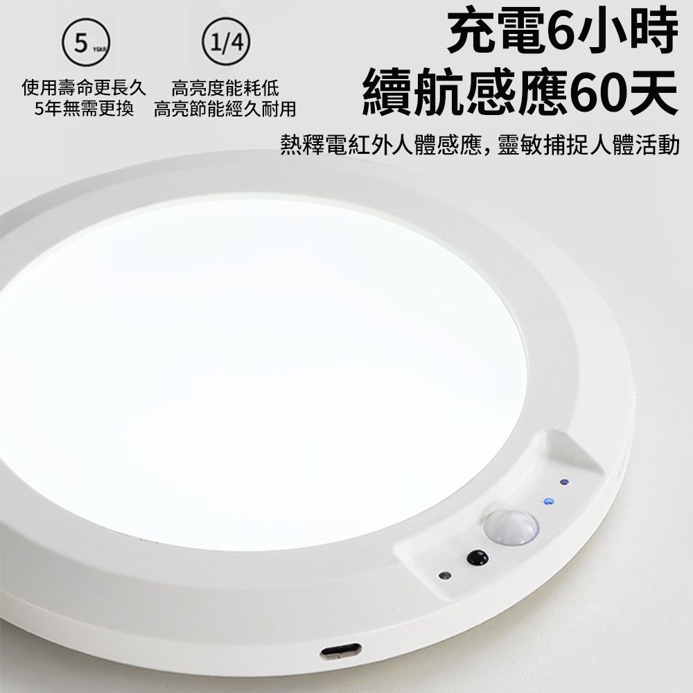 51/4使用壽命更長久 高亮度能耗低5年無需更換 高亮節能經久耐用充電6小時續航感應60天熱釋電紅外人體感應,靈敏捕捉人體活動