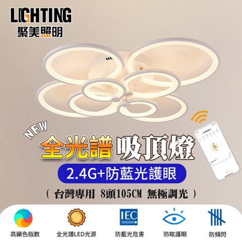 聚美照明 108W 5-7坪多圈吸頂燈 全光譜護眼LED 防藍光護眼燈 三色無極調光附遙控