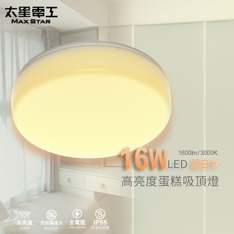 Maxstar 太星電工 LED高亮度蛋糕吸頂燈16W(暖白光)防水 防塵 安裝簡易