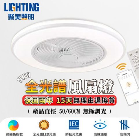 聚美照明 96W 6-8坪風扇燈 全光譜護眼LED 防藍光護眼燈 三色無極調光附遙控 低噪音白邊循環扇