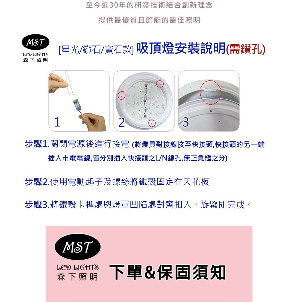 MST LIGHTS森下照明至今近30年的研發技術結合創新理念提供最優質且節能的最佳照明[星光/鑽石/寶石 吸頂燈安裝說明(需鑽孔)123步驟1.關閉電源後進行接電(將燈具對接線接至快接頭,快接頭的另一端插入市電電線,皆分別插入快接頭之L/N線孔,無正負極之分)步驟2.使用電動起子及螺絲將鐵殼固定在天花板步驟3.將鐵殼卡榫處與燈罩凹陷處對齊扣入、旋緊即完成。MST LIGHTS森下照明 下單&保固須知