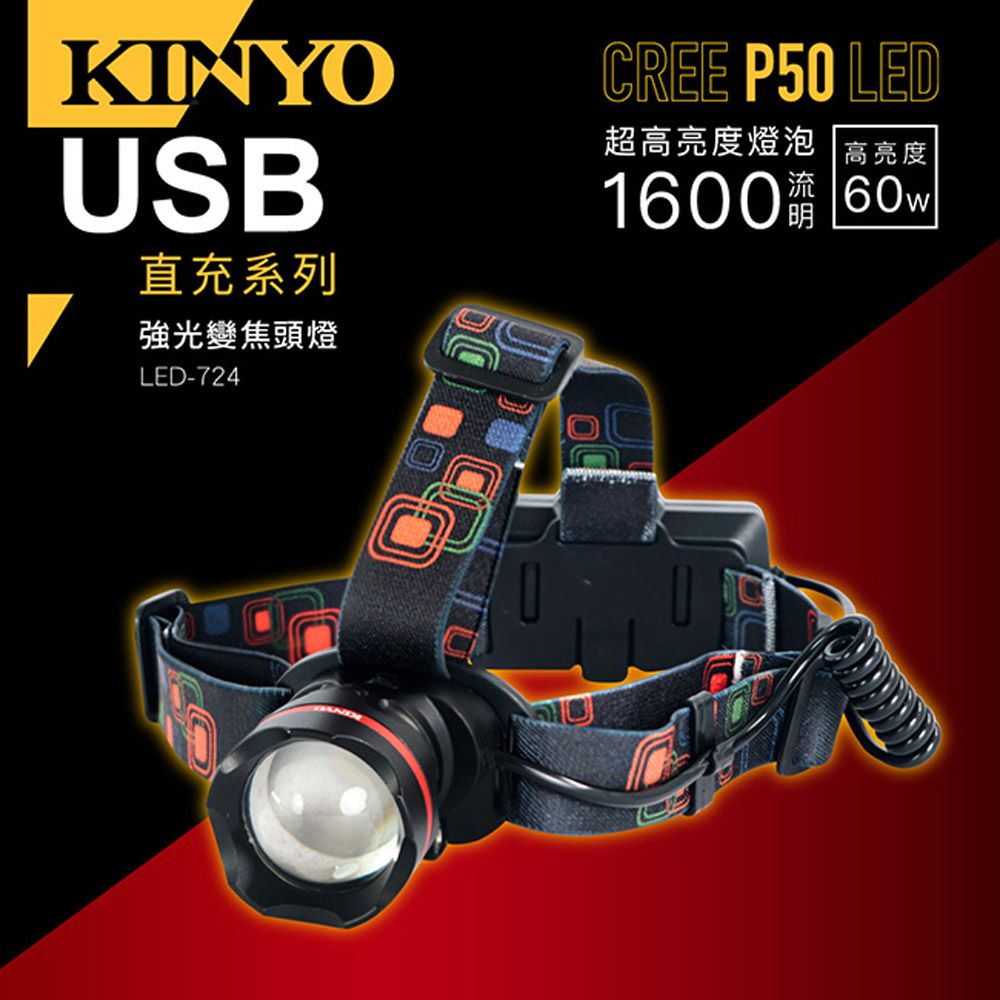 KINYO 18650鋁合金P50強光變焦頭燈,3段光源切換伸縮式調焦