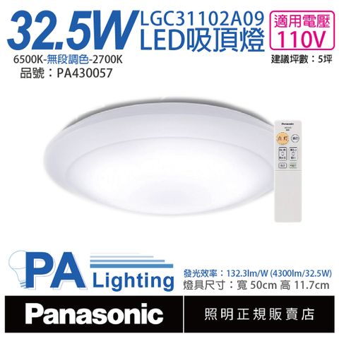 Panasonic國際牌 LGC31102A09 LED 32.5W 110V 全白燈罩 霧面 調光調色 遙控吸頂燈 _PA430057