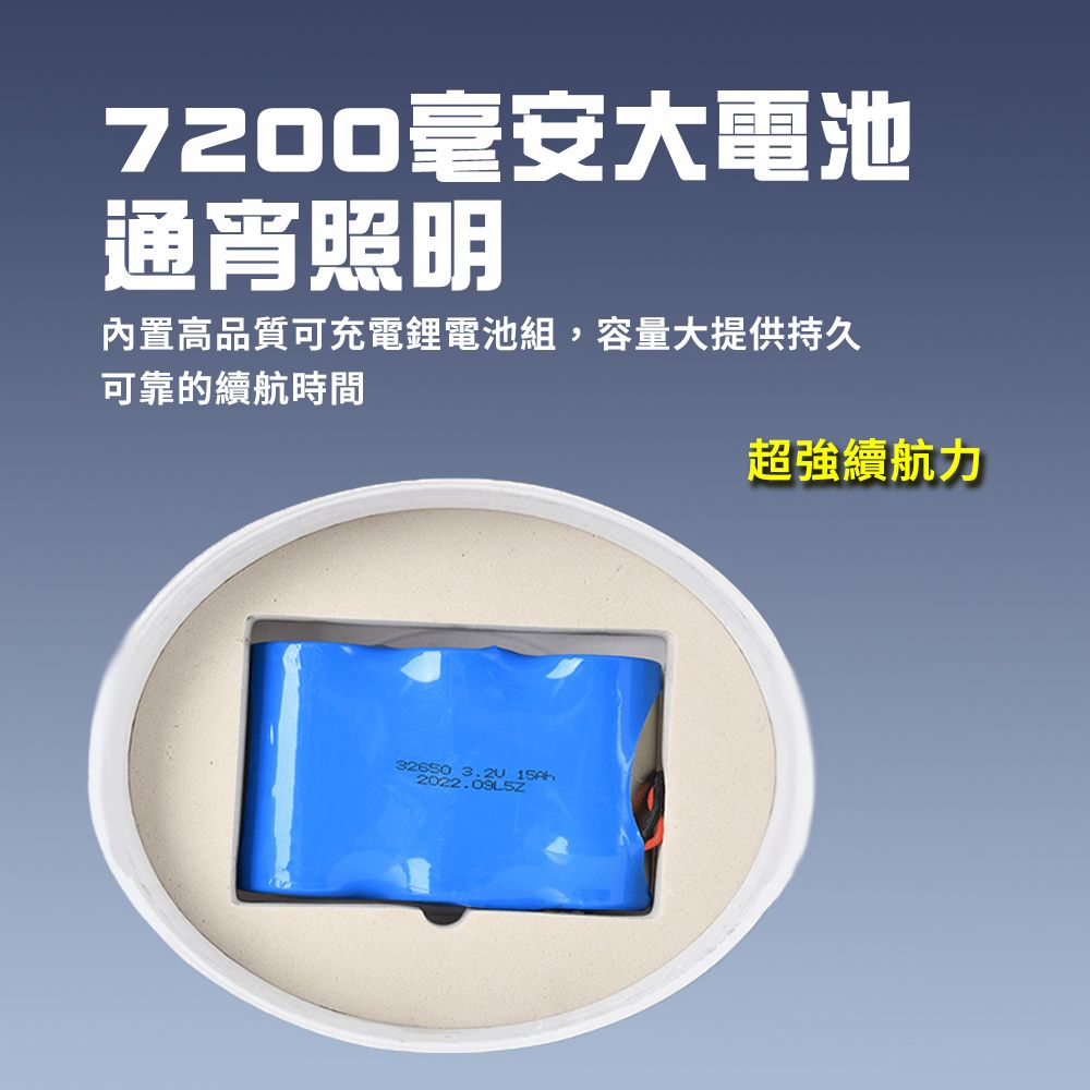 7200毫安大電池通宵照明內置高品質可充電鋰電池組,容量大提供持久可靠的續航時間32650 3.2U 2022.09LSZ超強續航力