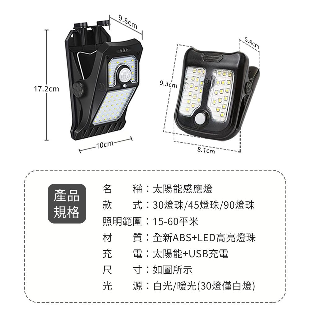 172cm-10cm.9.8cm9.3cm8.1cm000000稱太陽能感應燈產品款式30燈珠/45燈珠/90燈珠規格照明範圍:15-60平米材 質:全新ABS+LED高亮燈珠電:太陽能+USB充電寸:如圖所示源:白光/暖光(30燈僅白燈)