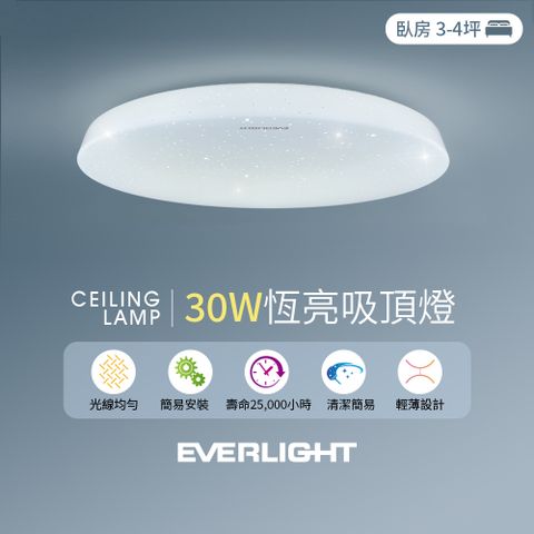 EVERLIGHT 億光 30W恆亮 3-4坪 白光 壁切 星光燈殼 LED吸頂燈