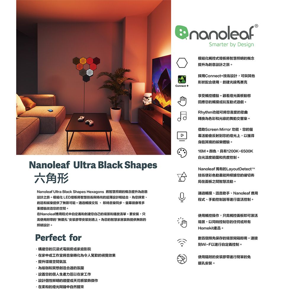 Smarter by Design模組化觸控式燈板將智慧照明的概念提升創意設計之旅。採用Connect+技術設計,可與其他形狀配合使用,創建光線馬賽克Connect+Nanoleaf Ultra Black ShapesNanoleaf Ultra Black Shapes Hexagons 將智慧照明的概念提升為創意設計之旅。模組化LED燈板將智慧技術與時尚的超薄設計相結合,為您探索創造和娛樂提供了無限可能。通過觸摸交互即時音樂同步等多體驗改造您的空間。在Nanoleaf應用程式中自定義和创建您自己的場景和播放清單。要,只需使用的無鑽孔安裝到牆上。為您的智慧家居裝飾提供無限的照明設計。Perfect for構建您的沉浸式電競或家庭影院在家中或工作室將音樂轉化為令人的視覺效果提升環境空間氣氛為瑜珈和創造合適的氛圍享受觸控體驗。觀看燈光面板動態回應您的觸摸或玩互動式遊戲。Rhythm功能可將您喜愛的歌曲為色彩和光線的舞動交響樂。借助Screen Mirror 功能,您的幕活動反射到您的燈光上,獲得身臨其境的娛樂體驗。16M+颜色,具有1200K-6500K白光溫度範圍和亮度控制。NanoleafLayoutDetect技術使彩色動畫能夠根據您的確局在面板之間智慧流動。通過觸摸、語音助手、Nanoleaf 應用程式、手動控制器等進行靈活控制。使用觸控操作,只需觸控面板即可激活場景,以同時控制您的任何或所有Homekit產品。數百個預先保存的場景開箱即用。連接到Wi-F以進行自定義控制。使用隨附的安装進行簡單的免鑽孔安裝。設置您的個人區以在家工作設計個性鮮明的牆壁或天花板裝飾傑作在柔和的燈光中自然醒來