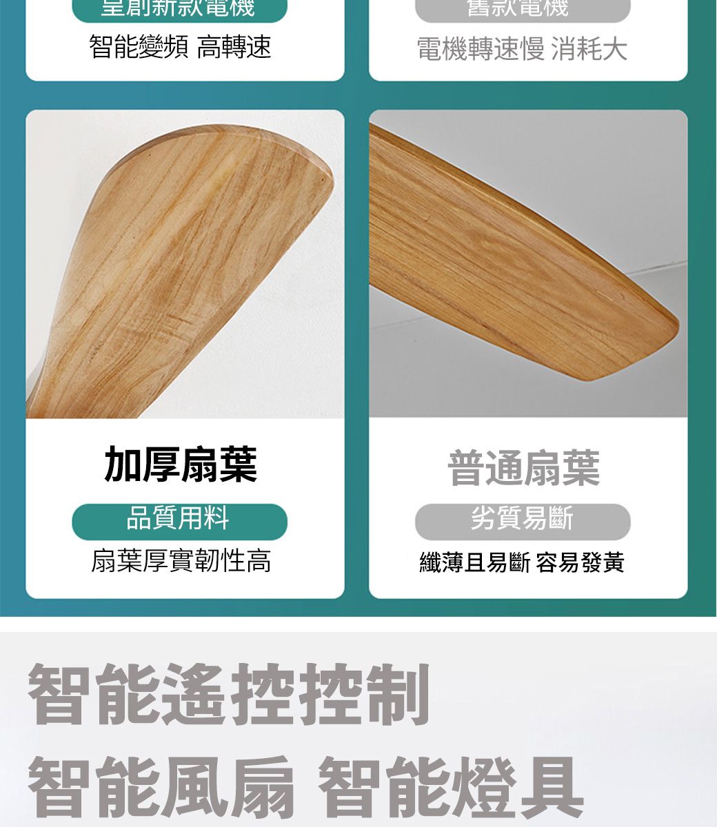 創新電機電機智能變頻 高轉速電機轉速慢 消耗大加厚扇葉普通扇葉品質用料劣質易斷扇葉厚實韌性高纖薄且易斷 容易發黃智能遙控控制智能風扇 智能燈具