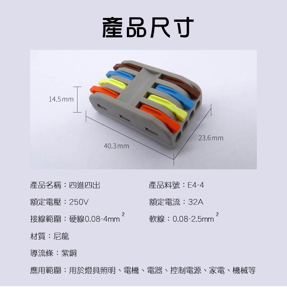 14.5mm產品尺寸40.3mm3.6mm產品名稱四進四出產品料號:E4-4額定電壓:250V額定電流:32A接線範圍:硬線0.08-4mm 222軟線:0.08-2.5mm材質:尼龍導流條:紫銅應用範圍:用於燈具照明、電機、電器、控制電源、家電、機械等