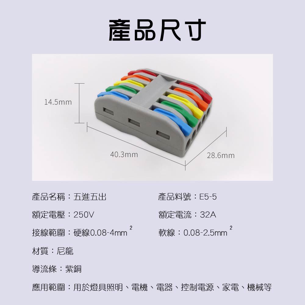 14.5mm產品尺寸40.3mm8.6mm產品名稱五進五出產品料號E5-5額定電壓:250V額定電流:32A22接線範圍:硬線0.08-4mm 2軟線:0.08-2.5mm材質:尼龍導流條:紫銅應用範圍:用於燈具照明、電機、電器、控制電源、家電、機械等