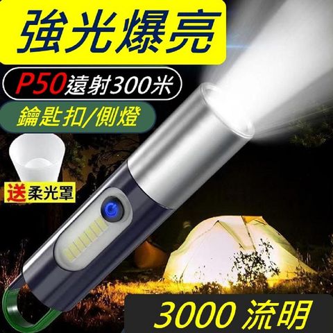 強光P50鑰匙扣手電筒 亮度3000流明，遠射300米