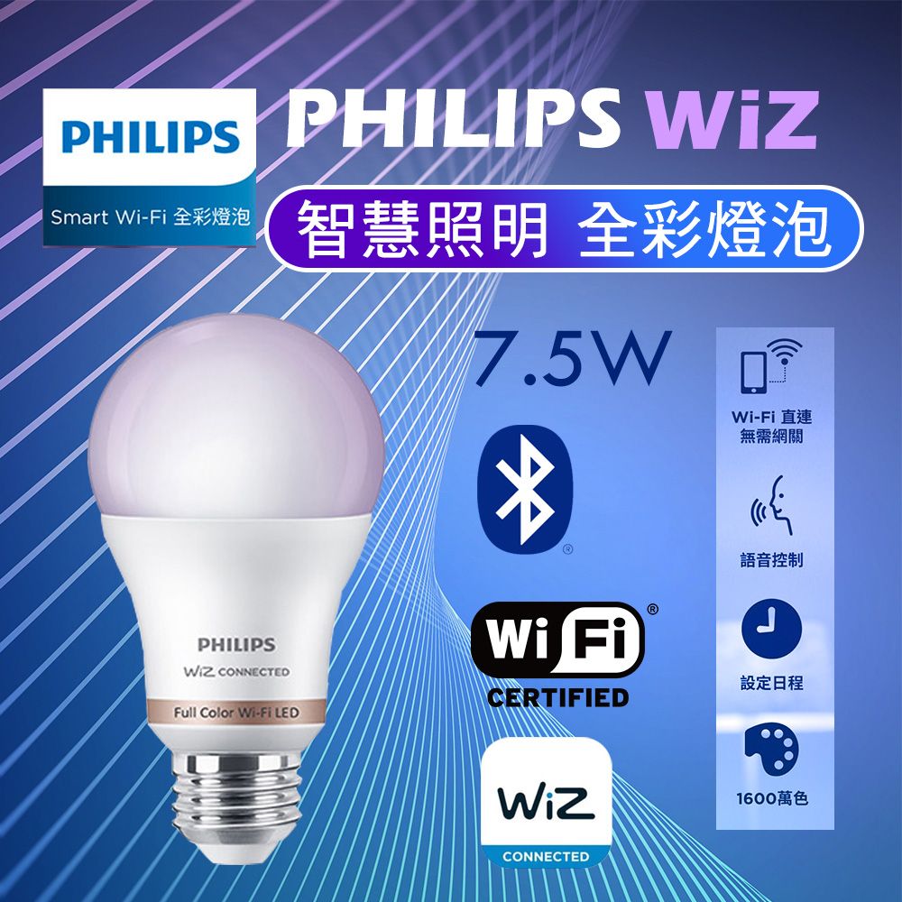 PHILIPS 飛利浦照明  Wi-Fi WiZ 智慧照明 7.5W LED全彩燈泡(2入裝)