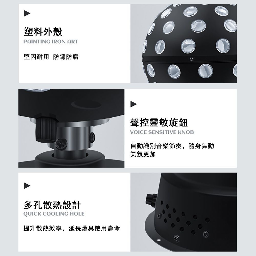 塑料外殼PAINTING IRON ART堅固耐用 防鏽防腐多孔散熱設計QUICK COOLING HOLE提升散熱效率,延長燈具使用壽命聲控靈敏旋鈕VOICE SENSITIVE KNOB自動識別音樂節奏,隨身舞動氣氛更加