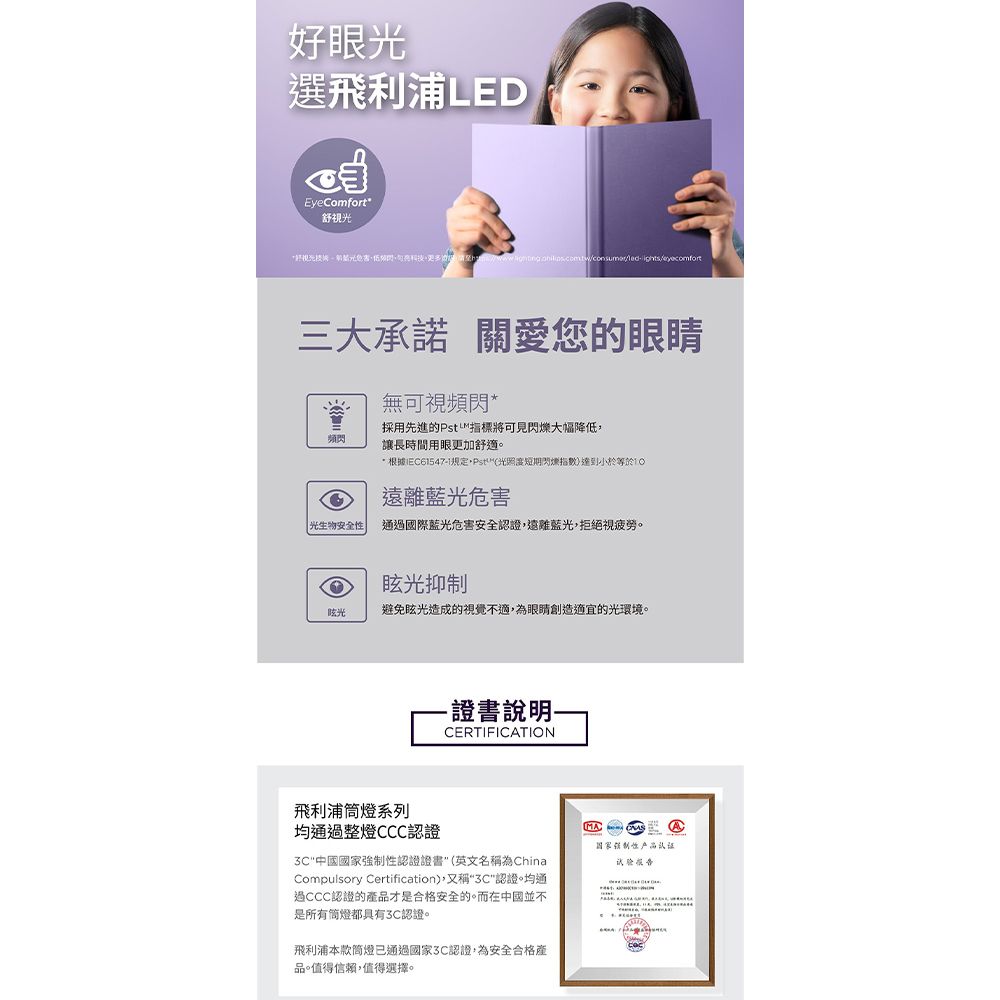 好眼選飛利浦LEDEyeComfort視光*舒視光 三大承諾 關愛您的眼睛頻閃無可視頻閃*採用先進的指標將可見閃爍大幅降低讓長時間用眼更加舒適* 根據IEC61547-1規定,Pst光照閃指數)達到等於遠離危害|光生物安全性過國際藍光危害安全認證,遠離藍光,拒絕視疲勞眩光抑制眩光避免眩光造成的視覺不適,為眼睛創造適宜的光環境。-證書說明-CERTIFICATION飛利浦筒燈系列均通過整燈CCC認證中國國家強制性認證證書(英文名稱為ChinaCompulsory Certification),又稱“認證。均通過CCC認證的品才是合格安全的。而在中國並不是所有简燈都具有認證。飛利浦本款筒燈通過國家3C認證,為安全合格產品。值得信賴,值得選擇。国家试验报告