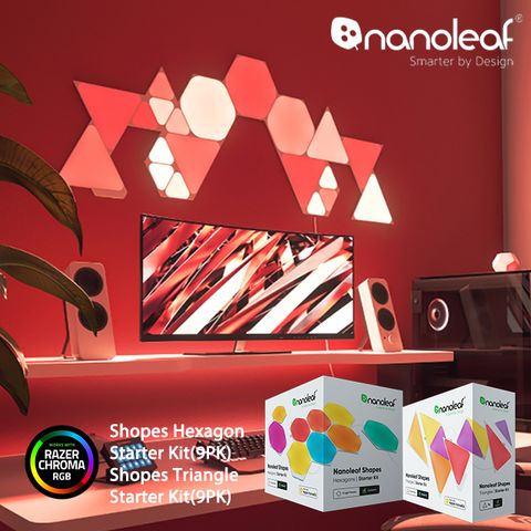 ▼加碼組合下殺↘86折Nanoleaf Shapes 造型燈片組合-智能六角燈(9片組)+三角燈(9片組)