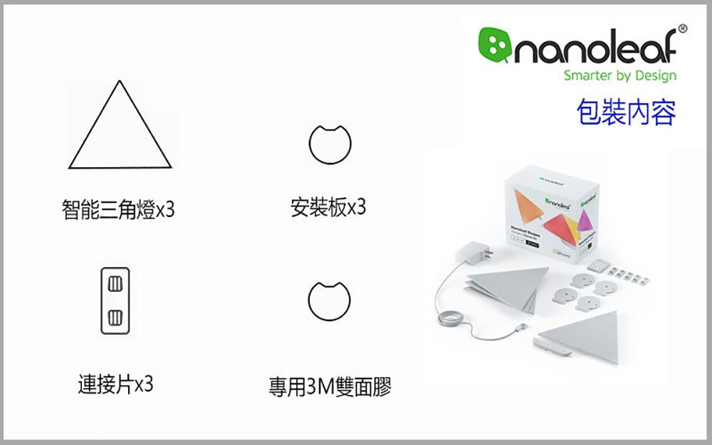 智能三角燈x3安裝板x3連接片x3專用3M雙面膠®Smarter by Design包裝內容