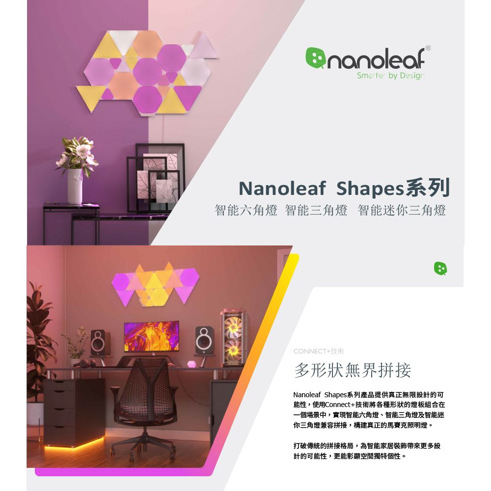 by DesignNanoleaf Shapes系列智能六角燈 智能三角燈 智能迷你三角燈CONNECT+技術多形狀無界拼接Nanoleaf Shapes系列產品提供真正無限設計的可能性,使用Connect+技術將各種形狀的燈板組合在一個場景中,實現智能六角燈、智能三角燈及智能迷你三角燈兼容拼接,構建真正的馬賽克照明燈。打破傳統的拼接格局,為智能家居裝飾帶來更多設計的可能性,更能彰顯空間獨特個性。