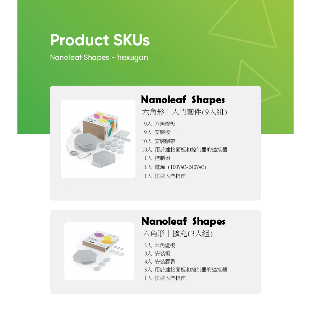 Product Nanoleaf Shapes - hexagonNanoleaf Shapes六角形  門套件(組) 六角燈板9 板0 安裝膠帶0 用於連接面板和控制器的連接器 控制器 電源 (100VAC-20VAC)1入 快速入門指南Nanoleaf Shapes六角形擴充(3入組)3入 六角燈板3入 安装板4 安裝膠帶3入 用於連接面板和控制器的連接器1入 快速入門指南