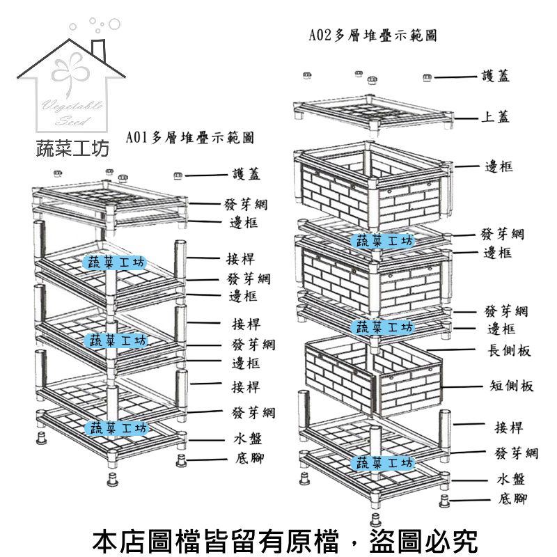VgetableSeed蔬菜A01多層堆疊示範圖A02多層堆疊示範圖護蓋 上蓋邊框護蓋發芽網邊框蔬菜發芽網邊框蔬菜工坊接桿發芽網邊框發芽網接桿蔬菜工坊邊框蔬菜工坊發芽網長側板邊框接桿短側板發芽網 蔬菜工坊接桿e水盤底腳發芽網蔬菜工坊水盤底腳本店圖皆留有原檔,盜圖必究