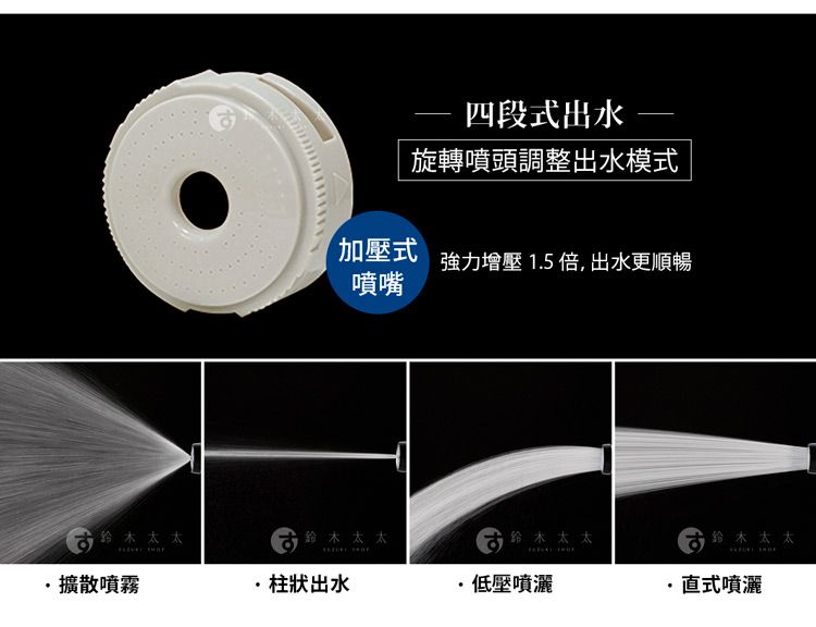 鈴木  擴散噴霧四段式出水旋轉噴頭調整出水模式加壓式強力增壓15倍,出水更順暢噴嘴鈴木柱狀出水鈴木 太 太鈴木 太太 .低壓噴灑·直式噴灑