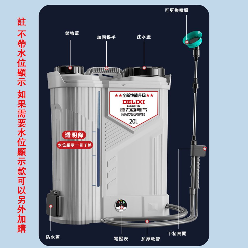 儲物蓋加固提手注水蓋透明水位顯示一目了然全新性能升级DELIXIELECTRIC德力西电气背负式电动喷雾器20L可更換噴頭防水蓋電壓表加厚軟管手柄開關