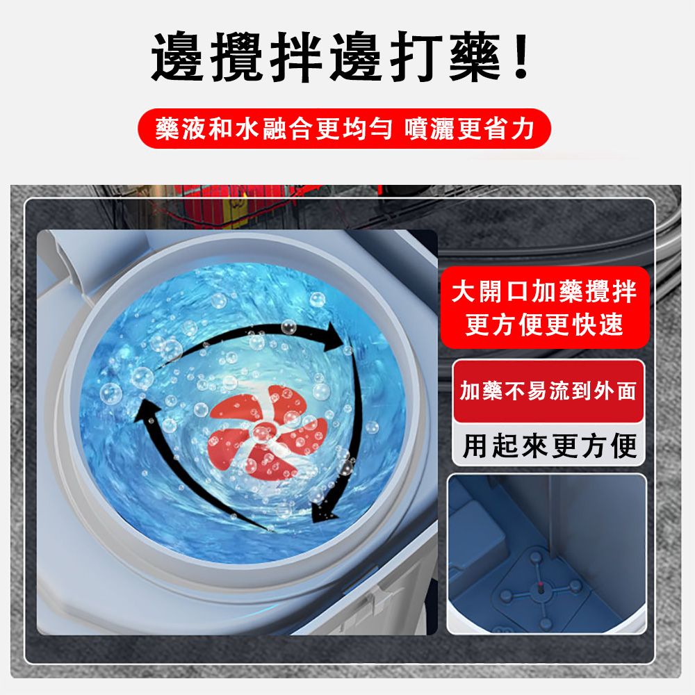 邊攪拌邊打藥!藥液和水融合更均勻更省力大開口加藥攪拌更方便更快速加藥不易流到外面用起來更方便