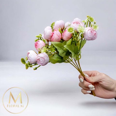 法式花園粉色圓葉小玫瑰花束仿真花花材 （1入組）