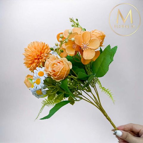 法式小花園玫瑰洋甘菊橘色花束仿真花花材