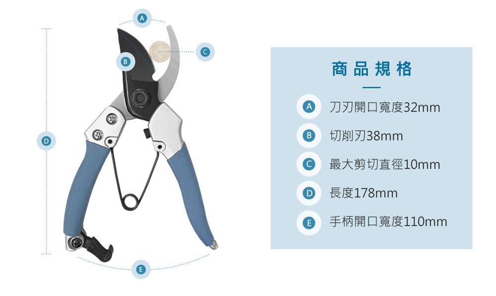 DAE商品規格A 刀刃開口寬度32mmB切削刃38mmC最大剪切直徑10mmD長度178mm手柄開口寬度110mm