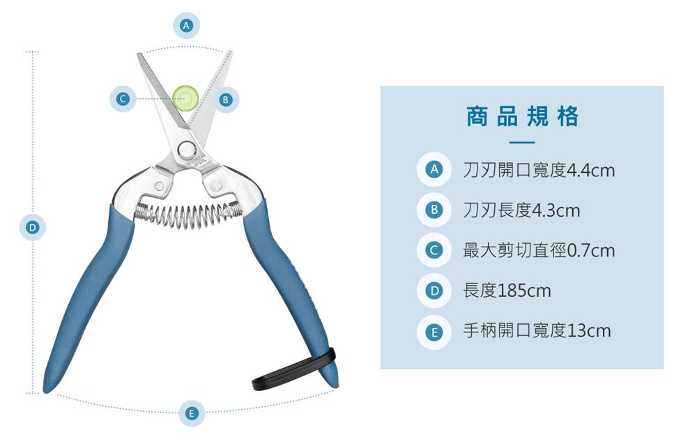 DABE商品規格A刀刃開口寬度4.4cmB刀刃長度4.3cm最大剪切直徑0.7cmD長度185cmE手柄開口寬度13cm